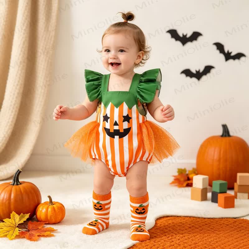ベビー用ハロウィンパンプキンチュールストライプボディスーツ - image 8