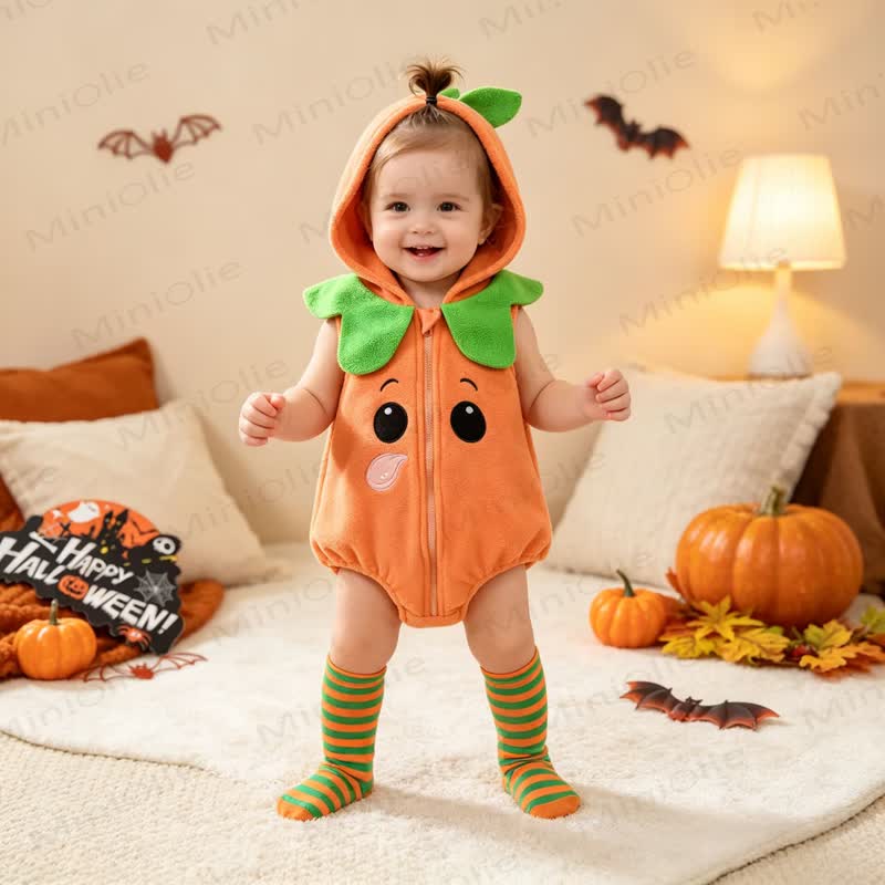 ベビーパンプキン柄のフード付きジップアップハロウィンボディスーツ（ソックス付き） - オレンジ - 18～24ヶ月 - image 1