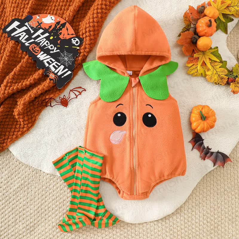 ベビーパンプキン柄のフード付きジップアップハロウィンボディスーツ（ソックス付き） - image 2