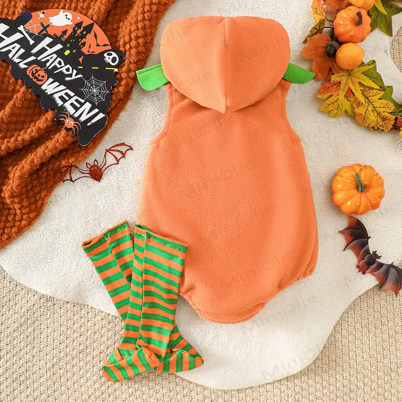 ベビーパンプキン柄のフード付きジップアップハロウィンボディスーツ（ソックス付き） - image 3