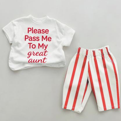 PLEASE PASS ME TO MY GREAT AUNT　ベビー用白赤縦縞2点セット - 白と赤 - 4～5歳 - image 1