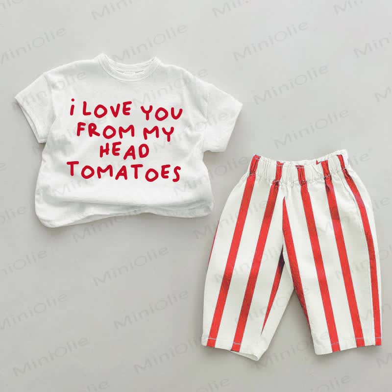 I LOVE YOU FROM MY HEAD TOMATOESベビー用 白と赤の縦縞 2点セット - 白と赤 - 4～5歳 - image 1