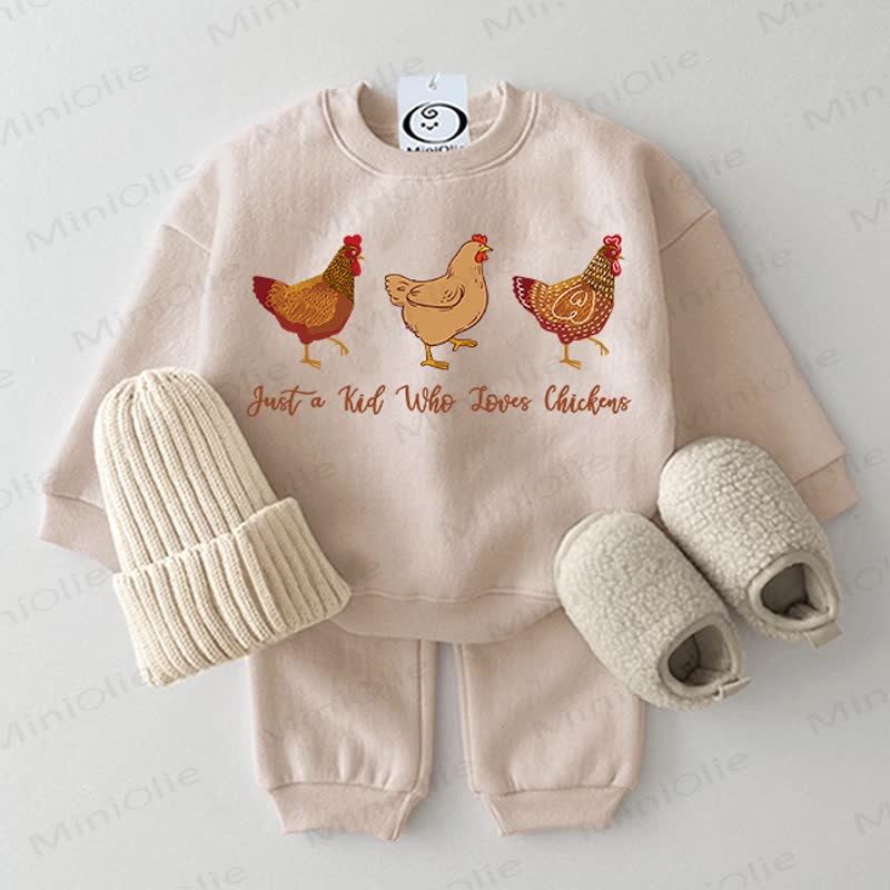 JUST A KID WHO LOVES CHICKENS子供 ベビー用スウェットシャツ 2点セット - ベージュ - 2～3歳 - image 1