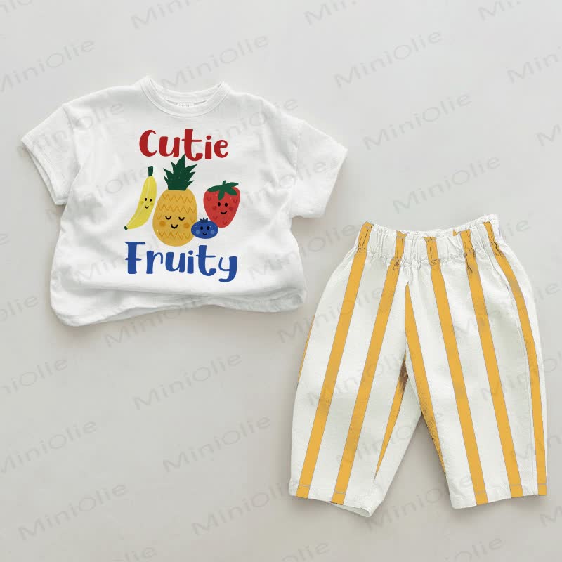 CUTIE FRUITYベビーイエロー 縦ストライプ 2点セット - 白と黄色 - 2～3歳 - image 1