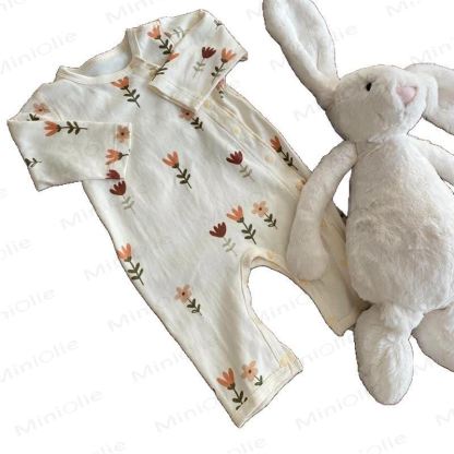 ベビー用ワイルドフラワー柄コットンショートロンパース - image 5