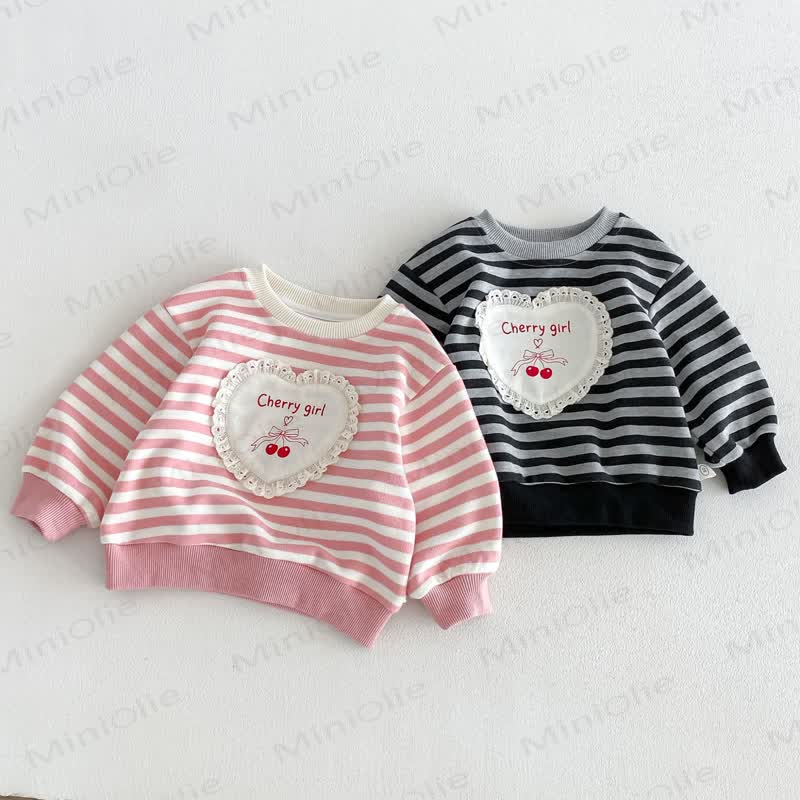 CHERRY GIRL幼児用 レースハートストライプ コットン長袖スウェットシャツ - image 1