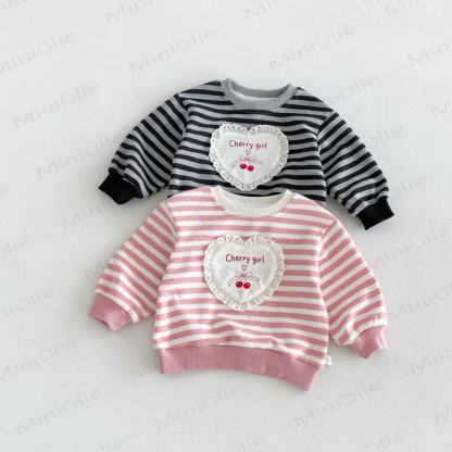 CHERRY GIRL幼児用 レースハートストライプ コットン長袖スウェットシャツ - image 2