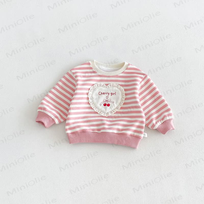 CHERRY GIRL幼児用 レースハートストライプ コットン長袖スウェットシャツ - ピンク - 6～7歳 - image 4