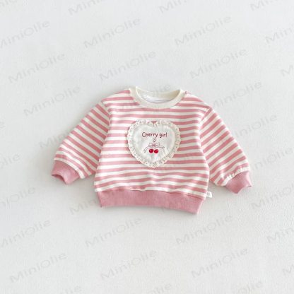 CHERRY GIRL幼児用 レースハートストライプ コットン長袖スウェットシャツ - ピンク - 6～7歳 - image 4