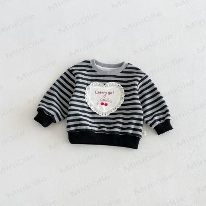 CHERRY GIRL幼児用 レースハートストライプ コットン長袖スウェットシャツ - グレー - 6～7歳 - image 5