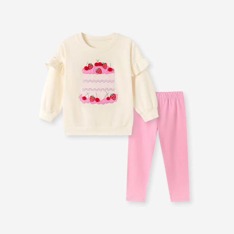 幼児用女の子ケーキアップリケ付きスウェットシャツとパンツの2点セット - ベージュ - 7歳 - image 2