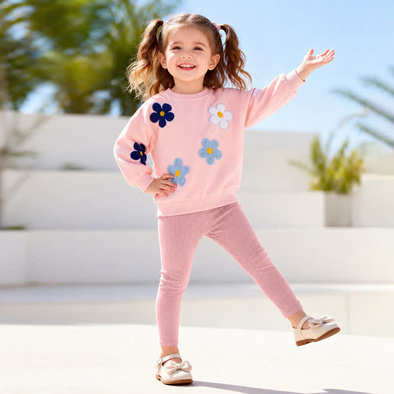 幼児用女の子向けピンク花柄アップリケ付きスウェットシャツとパンツのツーピースセット - image 3