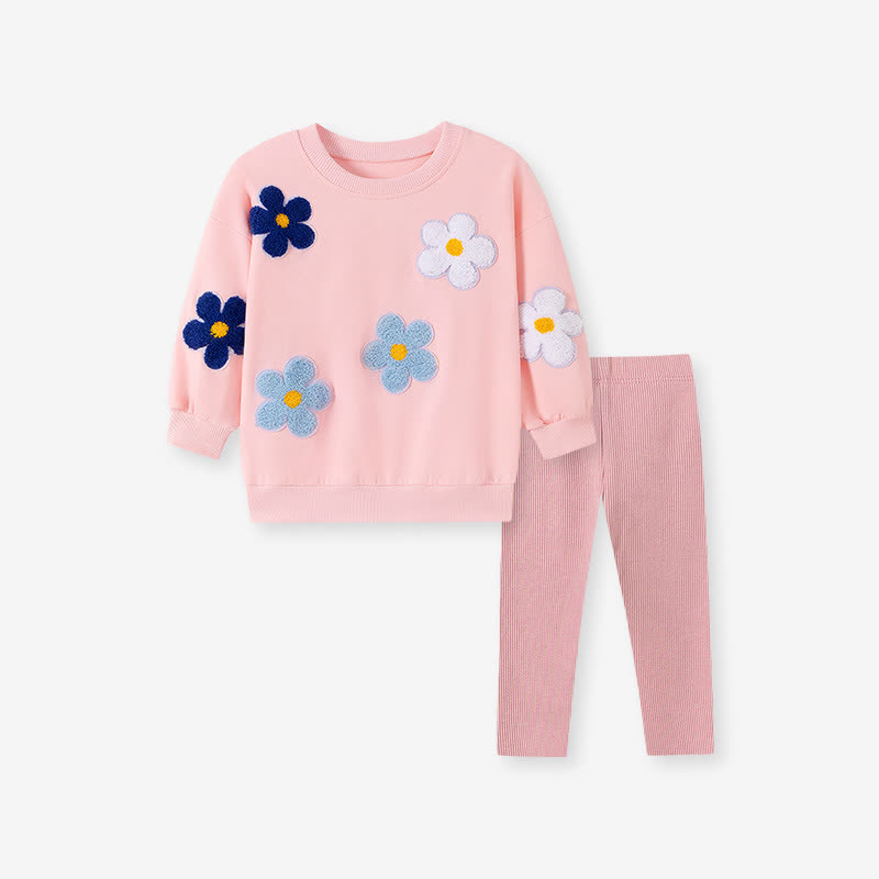 幼児用女の子向けピンク花柄アップリケ付きスウェットシャツとパンツのツーピースセット - ピンク - 7歳 - image 2