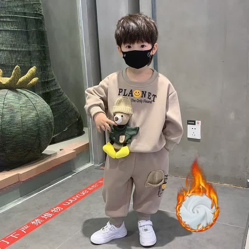 幼児男の子向けヴィンテージ風動物/スマイリーフェイスセット - カーキ色のスマイリーフェイス柄フリース裏地付きツーピースセット - 4～5歳 - image 11