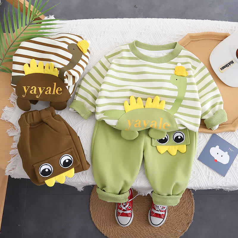 YAYALE幼児男の子用 ストライプ柄恐竜アップリケ付きトップス＆パンツ 2点セット - image 1