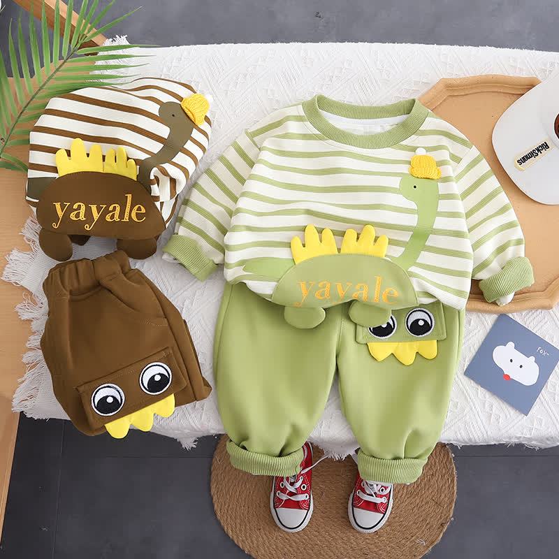 YAYALE幼児男の子用 ストライプ柄恐竜アップリケ付きトップス＆パンツ 2点セット - image 1