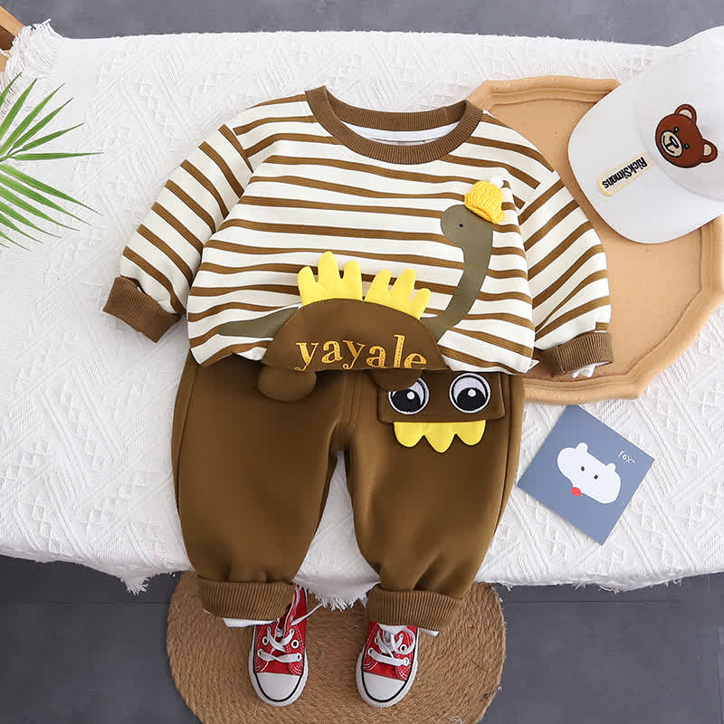 YAYALE幼児男の子用 ストライプ柄恐竜アップリケ付きトップス＆パンツ 2点セット - 茶色 - 4～5歳 - image 3