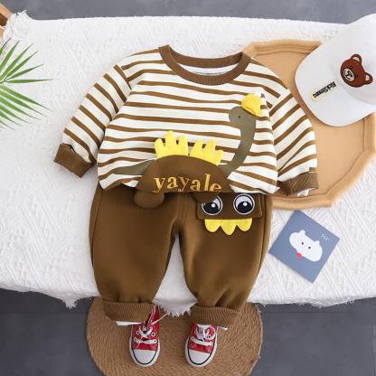 YAYALE幼児男の子用 ストライプ柄恐竜アップリケ付きトップス＆パンツ 2点セット - 茶色 - 4～5歳 - image 3