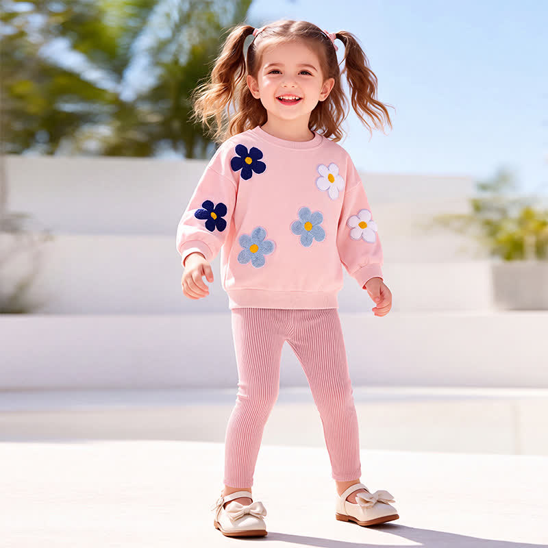 幼児用女の子向けピンク花柄アップリケ付きスウェットシャツとパンツのツーピースセット - image 1