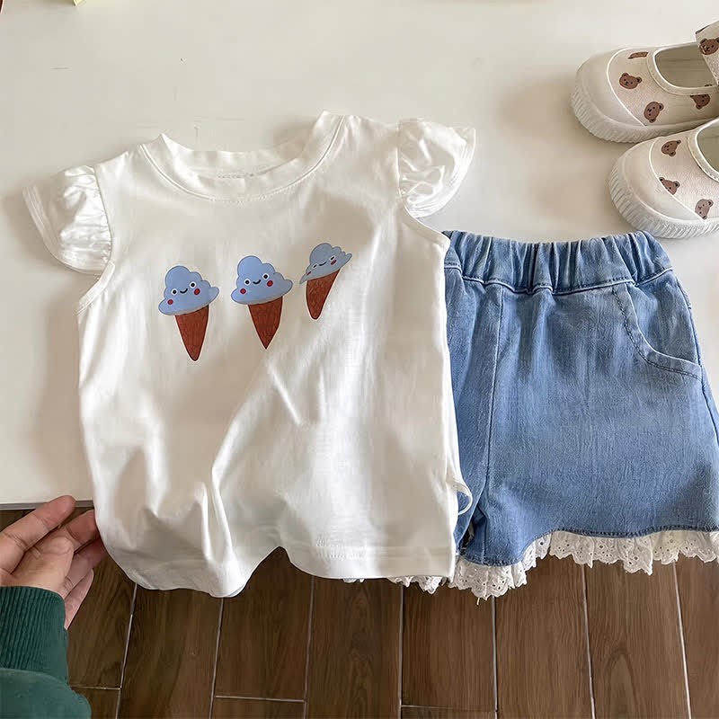 幼児用女の子向けアイスクリーム柄トップスとデニムショートパンツのツーピースセット - image 2