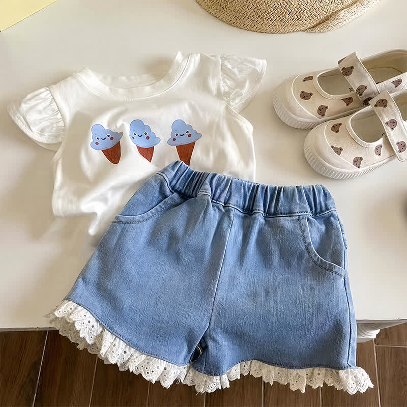 幼児用女の子向けアイスクリーム柄トップスとデニムショートパンツのツーピースセット - 白 - 6～7歳 - image 1