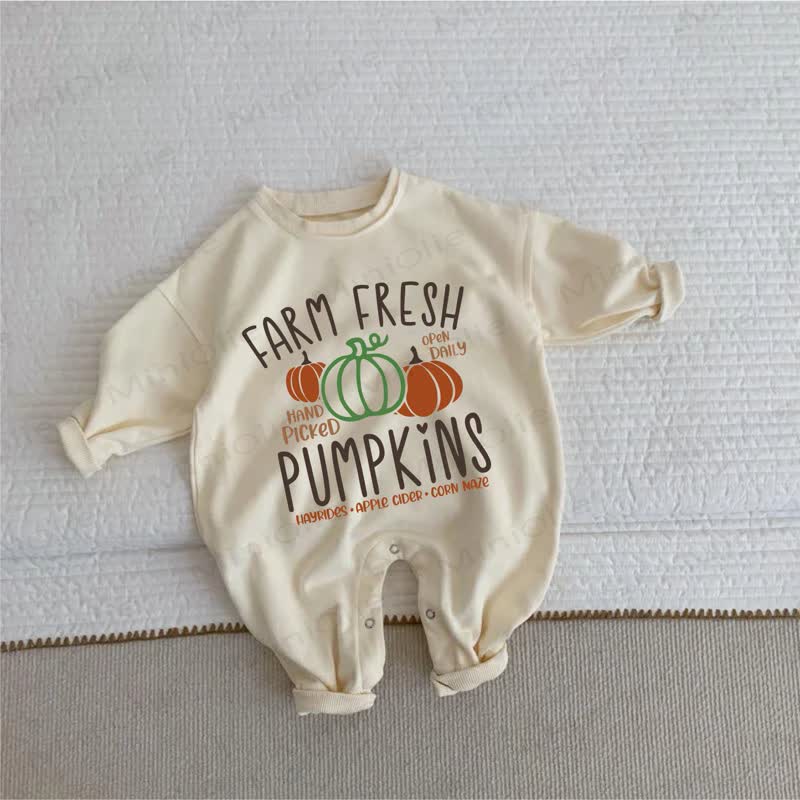 FARM FRESH PUMPKINS OPEN DAILY HAND PICKED HAYRIDES•APPLEサイダー • コーン迷路 ベビー・幼児用ベージュロンパース - ベージュ - 2～3歳 - image 1