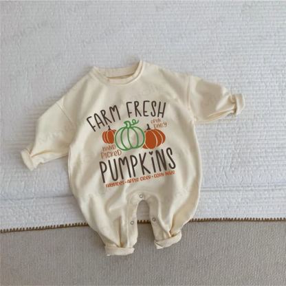 FARM FRESH PUMPKINS OPEN DAILY HAND PICKED HAYRIDES•APPLEサイダー • コーン迷路 ベビー・幼児用ベージュロンパース - ベージュ - 2～3歳 - image 1