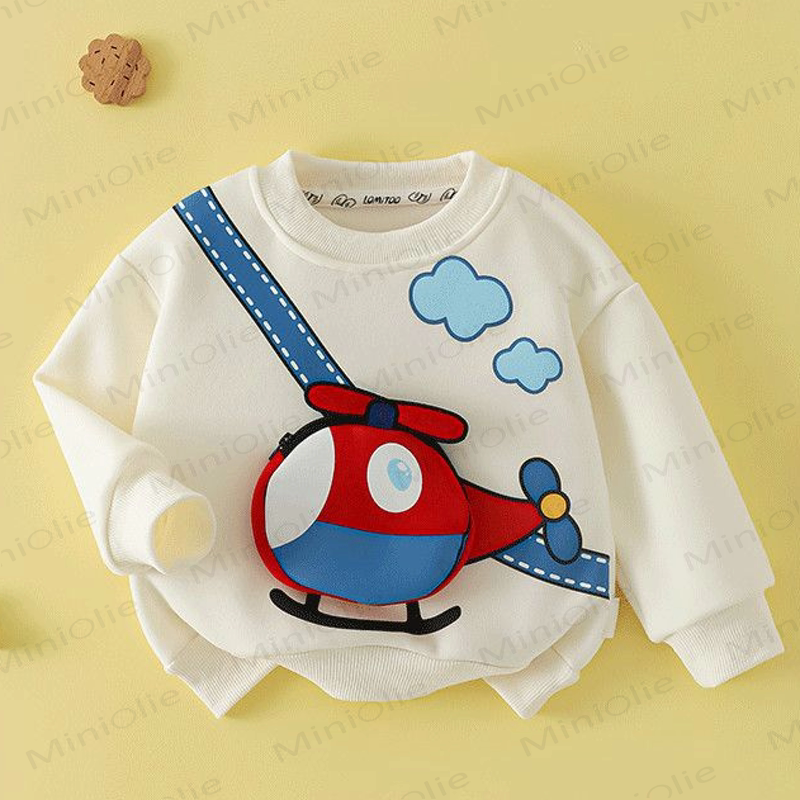 幼児用キッズスウェットシャツ（3D乗り物アップリケ付き、ファスナー付きバッグ付属） - 白 - 8-9T - image 5