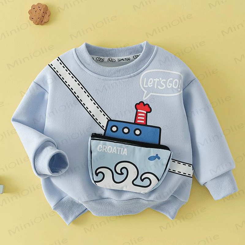 幼児用キッズスウェットシャツ（3D乗り物アップリケ付き、ファスナー付きバッグ付属） - 青 - 8-9T - image 3