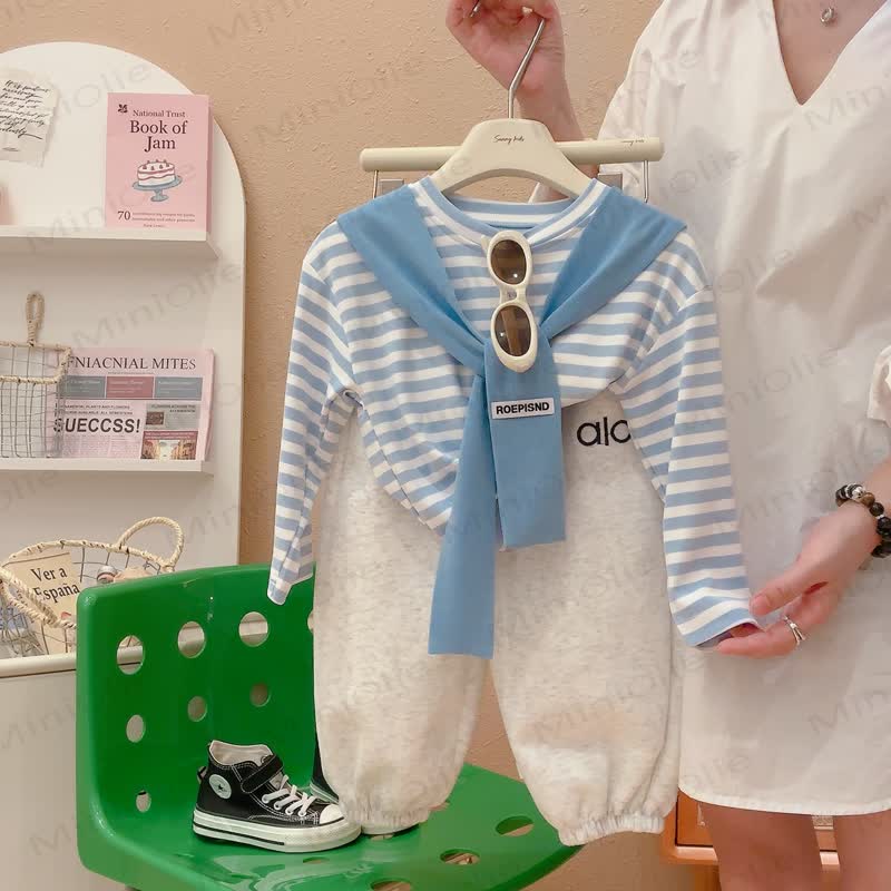 ROEPISND幼児用ストライプ長袖Tシャツ（モックレイヤーショール付き） - 青 - 12～13歳 - image 2