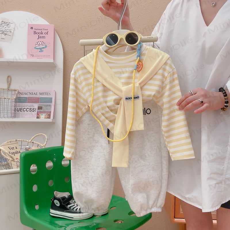 ROEPISND幼児用ストライプ長袖Tシャツ（モックレイヤーショール付き） - 黄色 - 12～13歳 - image 4
