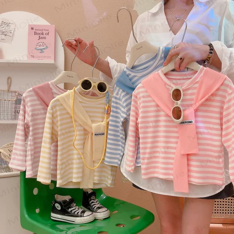 ROEPISND幼児用ストライプ長袖Tシャツ（モックレイヤーショール付き） - image 1