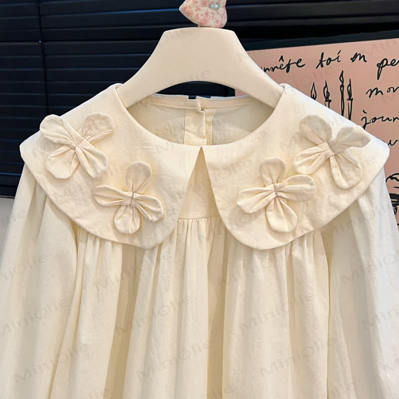 幼児用女の子向けヴィンテージ風3D花柄フリル襟シャツ - image 4