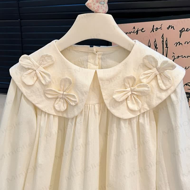 幼児用女の子向けヴィンテージ風3D花柄フリル襟シャツ - image 4