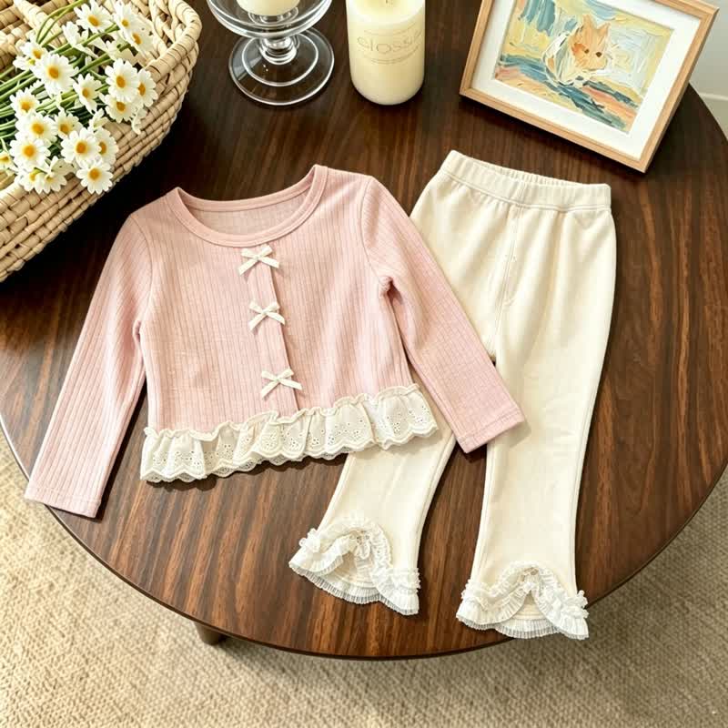 幼児用女の子向けピンクのリボンレーストリムトップスとベージュのパンツ - ピンクのセット - 4～5歳 - image 1