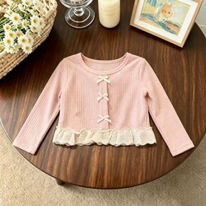 幼児用女の子向けピンクのリボンレーストリムトップスとベージュのパンツ - ピンクのトップス - 4～5歳 - image 2