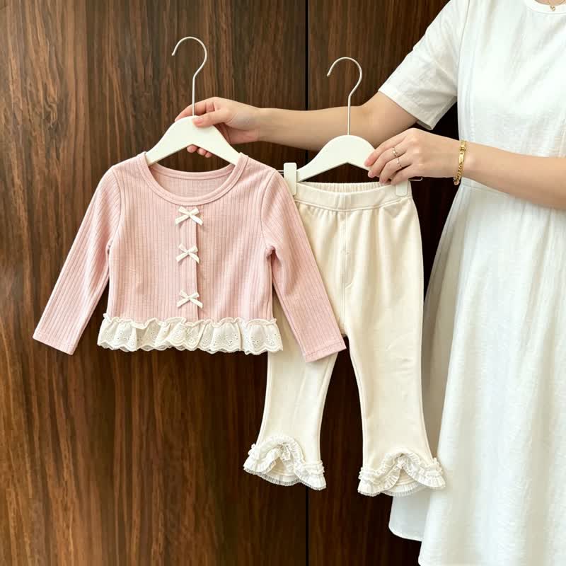 幼児用女の子向けピンクのリボンレーストリムトップスとベージュのパンツ - image 4