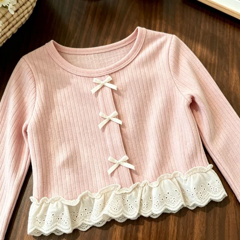幼児用女の子向けピンクのリボンレーストリムトップスとベージュのパンツ - image 5