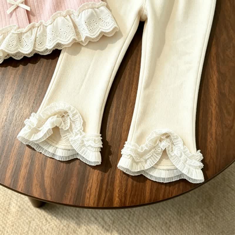 幼児用女の子向けピンクのリボンレーストリムトップスとベージュのパンツ - image 7