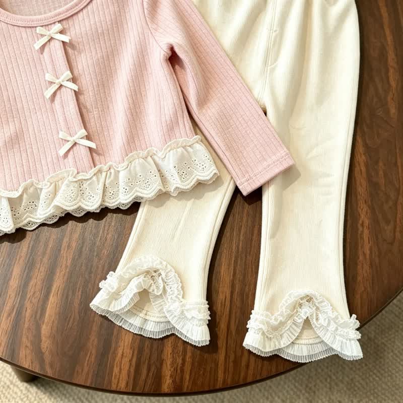 幼児用女の子向けピンクのリボンレーストリムトップスとベージュのパンツ - image 6