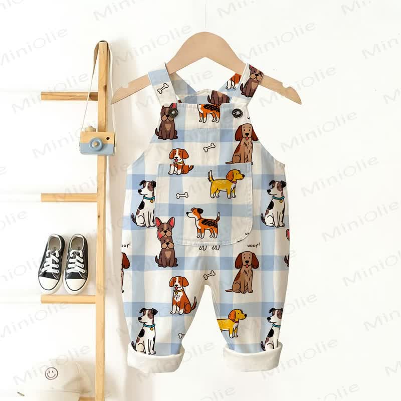 WOOF!ベビー幼児用犬柄ブルーチェックオーバーオール - ベージュ - 3～5歳 - image 1
