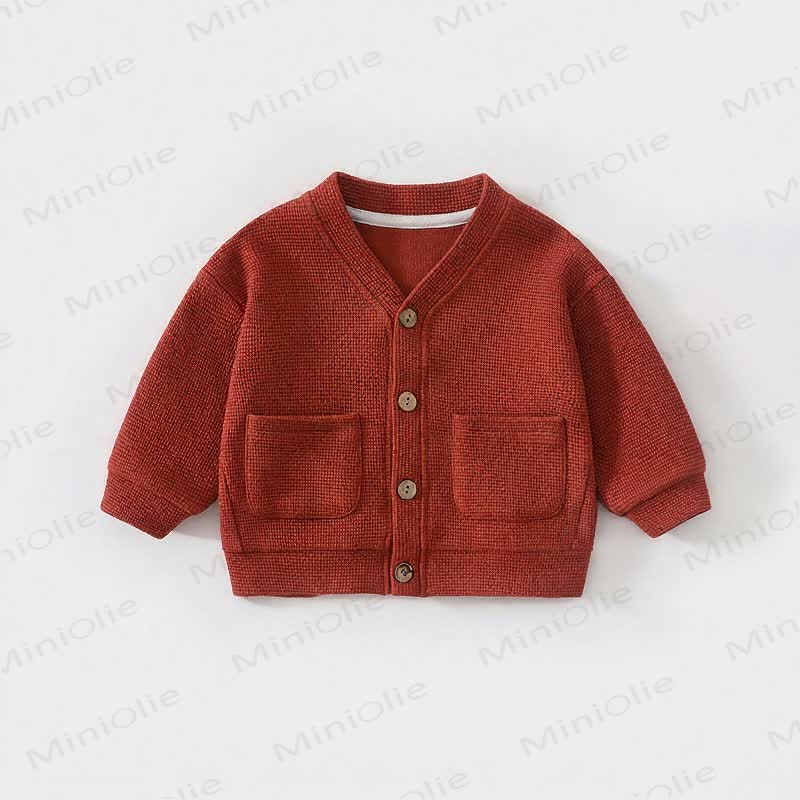 ベビー・幼児用ワッフルニットボタンフロントカーディガンコート - 赤 - 3～4歳 - image 3