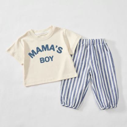 MAMA'S BOYベビー・幼児用 ベージュ＆ブルー 縦ストライプ 2点セット - ベージュ＆ブルー - 3～4歳 - image 1