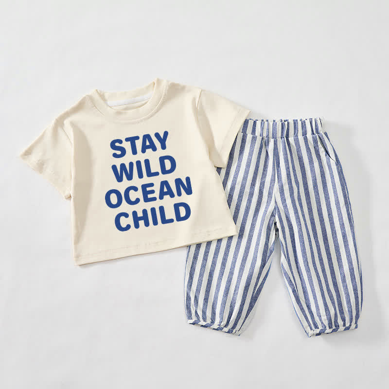 STAY WILD OCEAN CHILDベビー・幼児用 ベージュ＆ブルー 縦ストライプ 2点セット - ベージュ＆ブルー - 3～4歳 - image 1