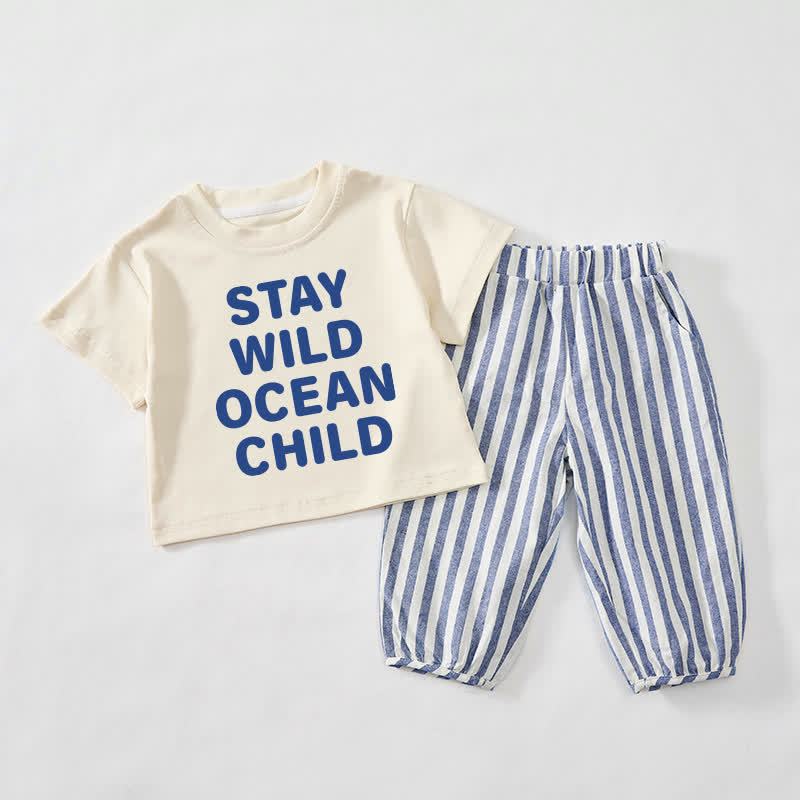STAY WILD OCEAN CHILDベビー・幼児用 ベージュ＆ブルー 縦ストライプ 2点セット - ベージュ＆ブルー - 3～4歳 - image 1
