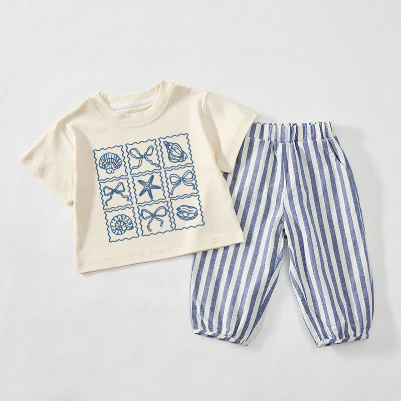 ベビー・幼児用 シェル＆ボウ グリッド ベージュ＆ブルー 縦ストライプ 2点セット - ベージュ＆ブルー - 3～4歳 - image 1