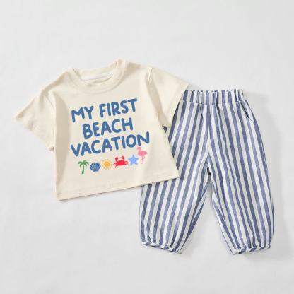 MY FIRST BEACH VACATION・幼児用 ベージュ＆ブルー 縦ストライプ 2点セット - ベージュ＆ブルー - 3～4歳 - image 1