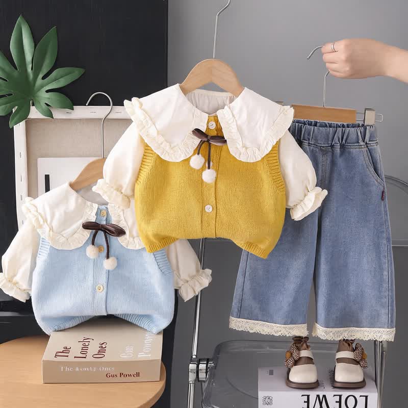 幼児用女の子向けリボン付きニットベストとデニムパンツの3点セット - image 1