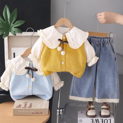 幼児用女の子向けリボン付きニットベストとデニムパンツの3点セット - image 1