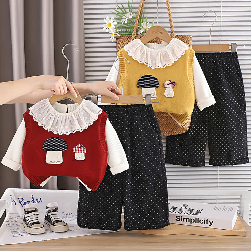 幼児用女の子向けマッシュルーム柄ニットベストとドット柄パンツの3点セット - image 1